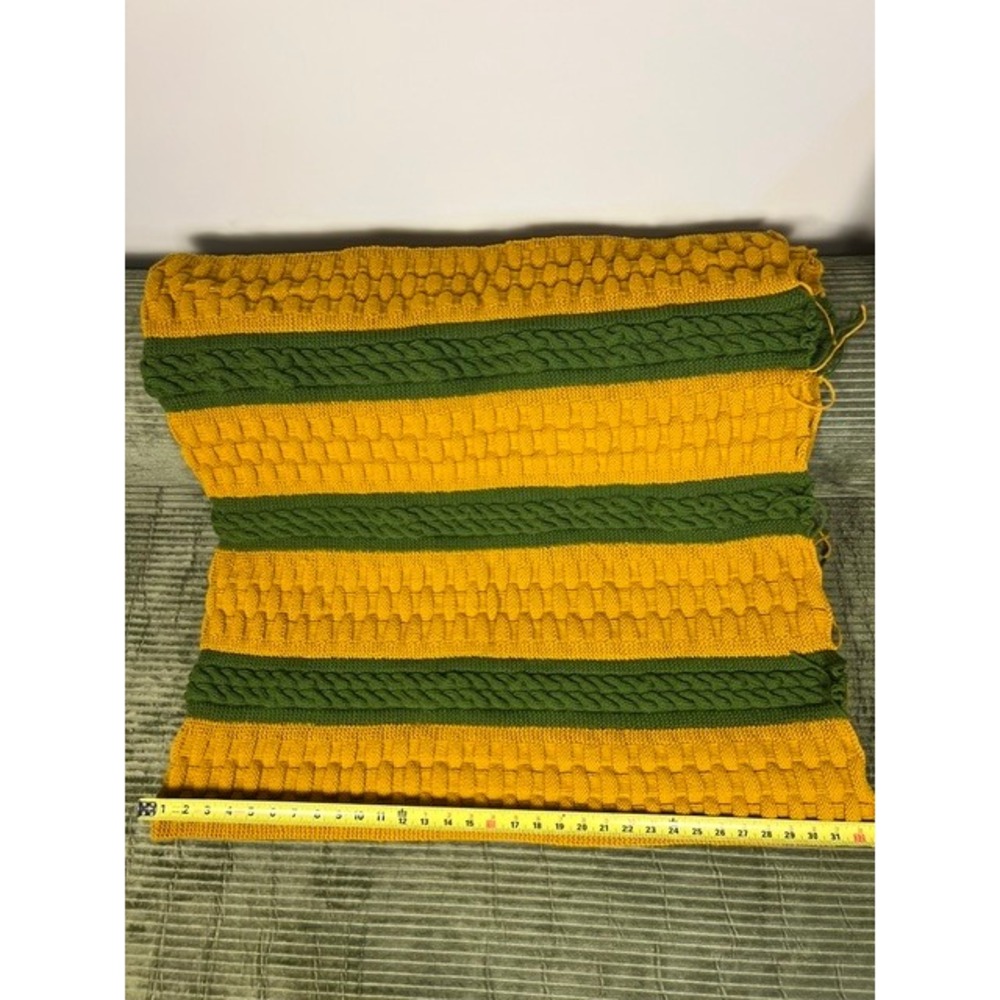 Handmade Crochet Blanket Orange Olive Green Striped Cable Basketweave 30x66 - Picture 4 of 6